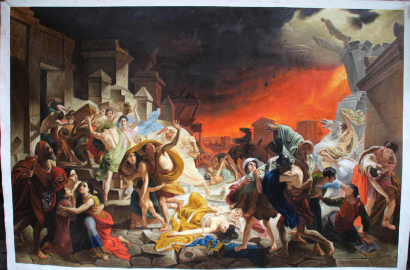 Painting of people fleeing a burning city in chaos.