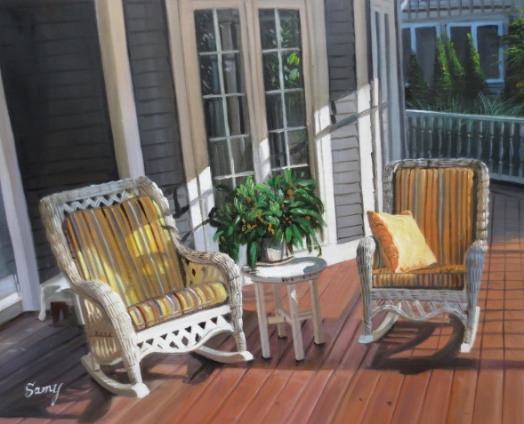 local artist oil painting on canvas of front porch