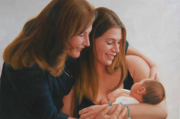 an oil painting of grandmother, mother and her child