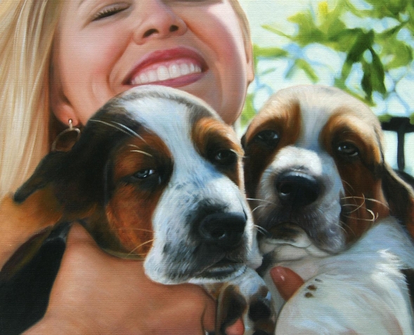 photo to oil painting of happy woman with two puppies