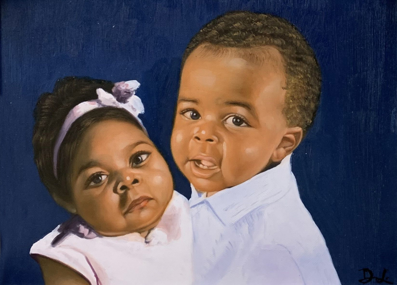 Beautiful handmade oil portrait of two children