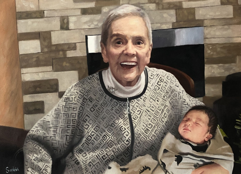 Beautiful oil painting of a grandmother with a baby