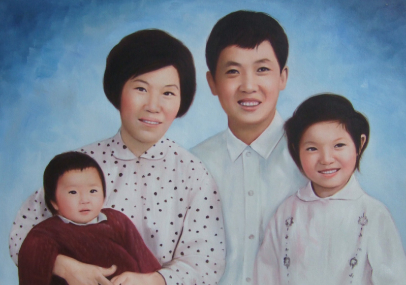 Painted portrait of a family: parents and two young children.