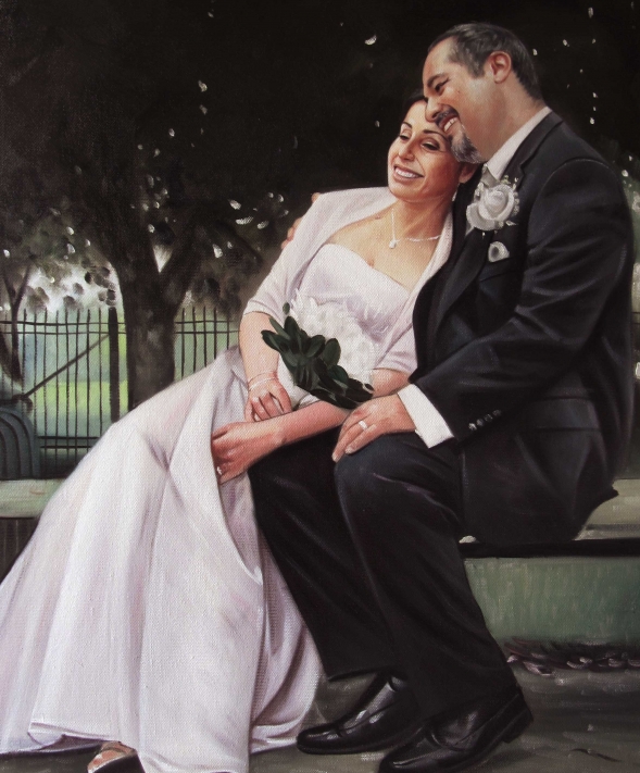 a custom oil painting of wedding couple sitting in the park