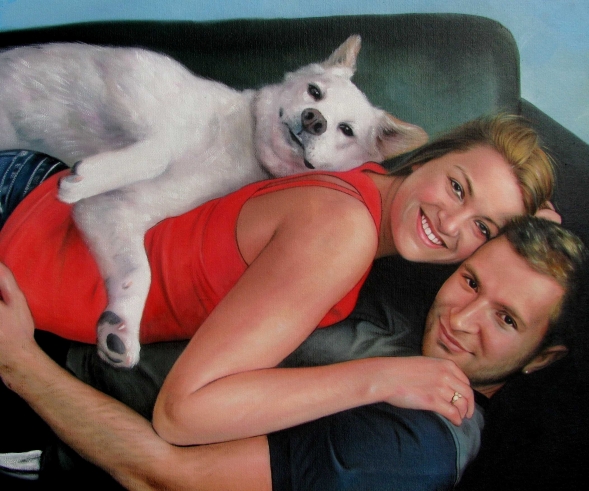 picture to painting couple cuddling with dog 