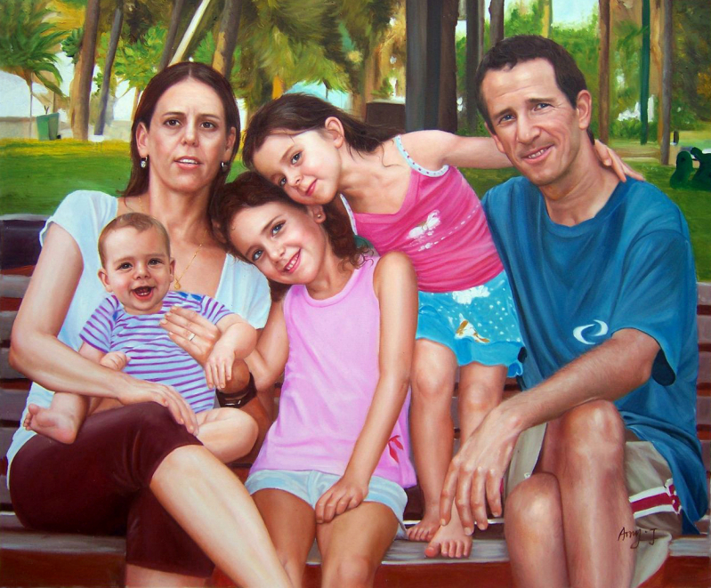 Oil painting of a family portrait: parents and three children sitting on a park bench.