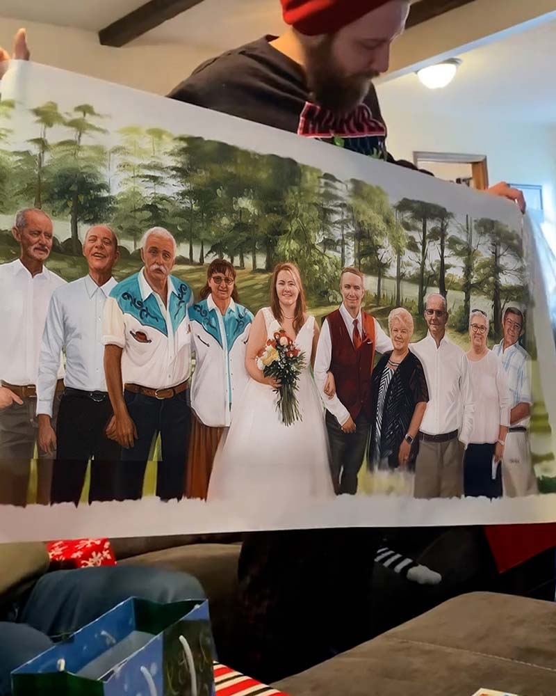 Large painted portrait of a wedding party with family in a wooded area.
