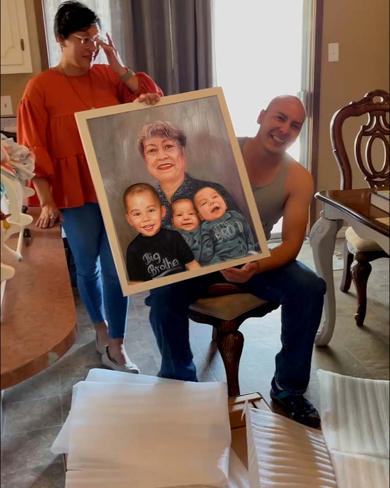 Framed portrait of a grandmother and her twin grandsons, presented as a gift, a woman cries in the background.