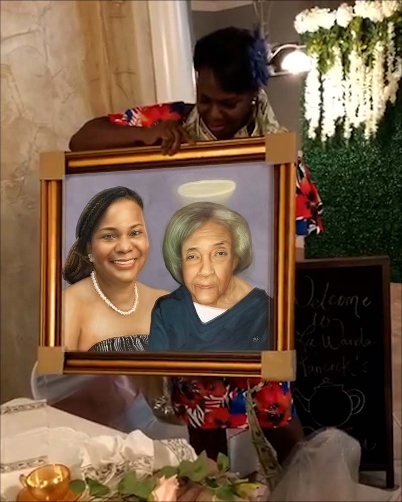 Framed portrait of two women, one with a halo, being presented.