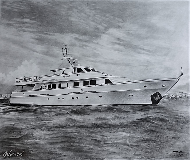 custom pencil drawing of a yacht on the ocean 