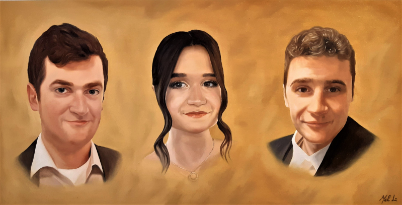 Oil painting of siblings on a beige background 