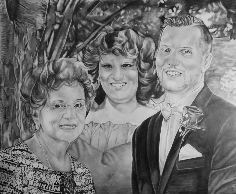 Custom black pencil painting of a happy family