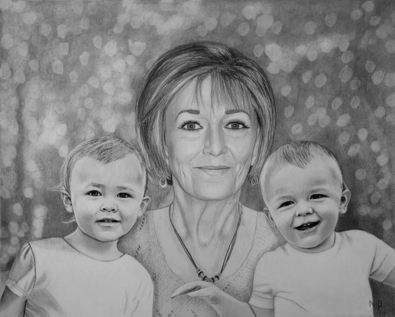 Custom handmade charcoal drawing of a grandmother with kids