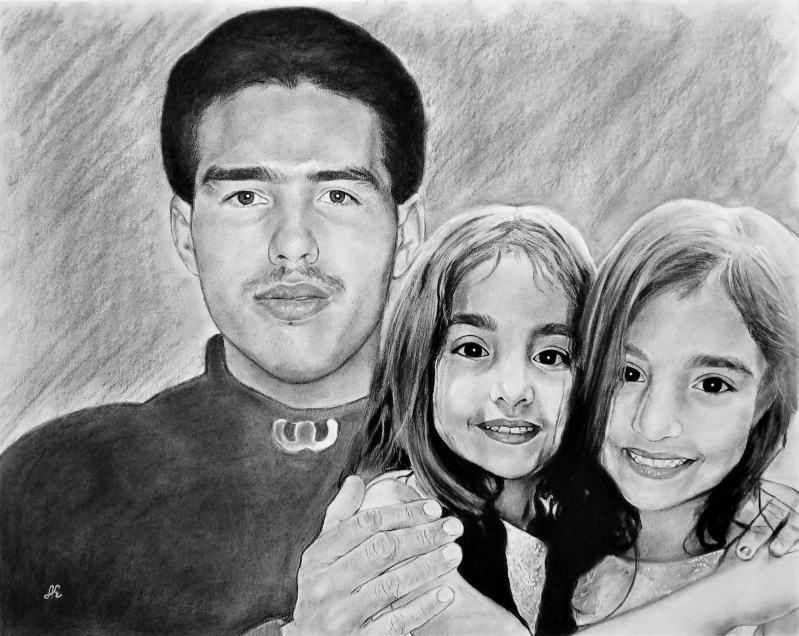 Beautiful charcoal drawing of a happy family