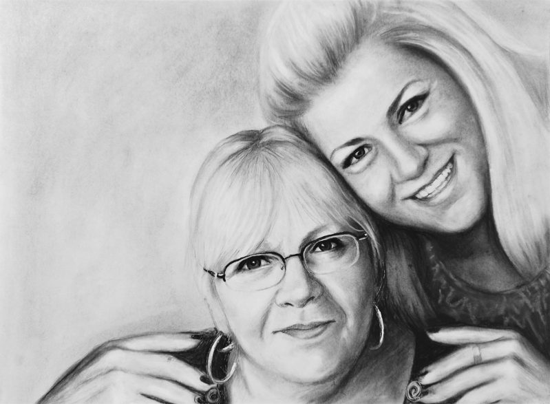 Beautiful charcoal drawing of a mother and daughter