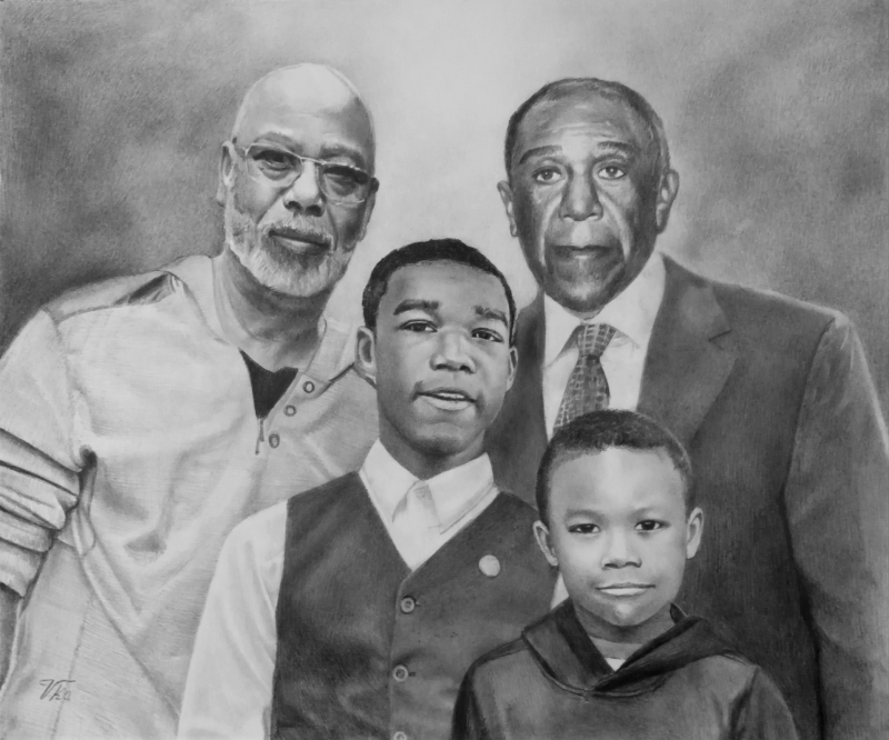 Custom black pencil drawing of a family