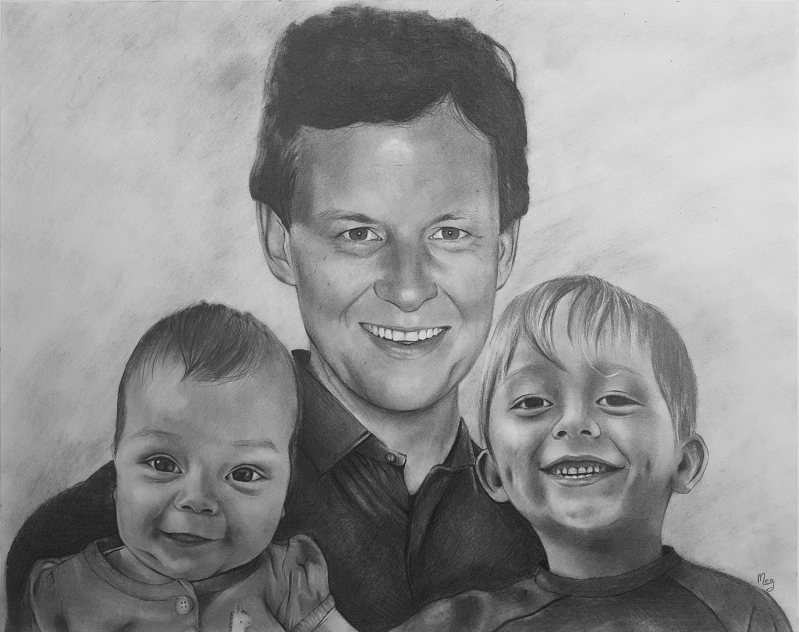 Custom handmade black pencil drawing of a family