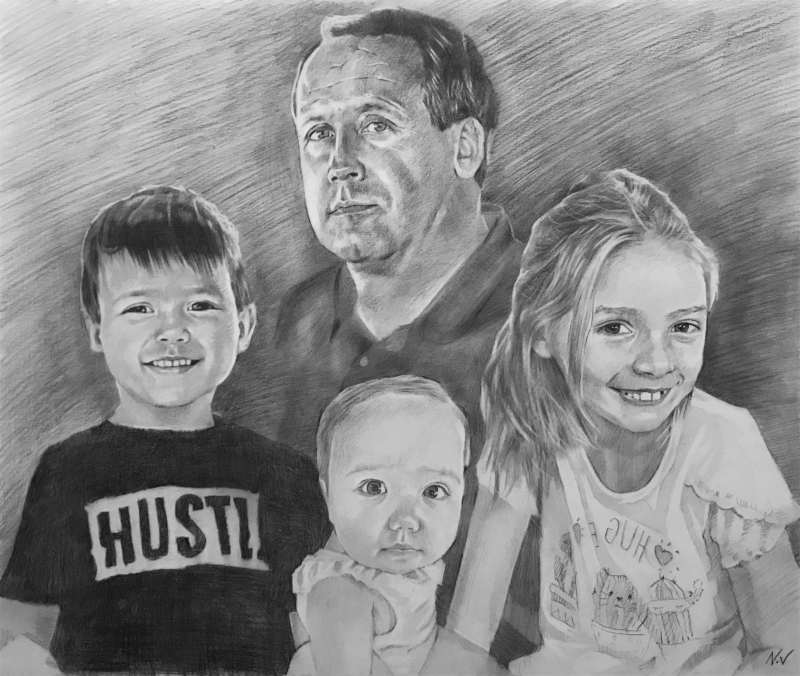 Custom charcoal drawing of a father and children