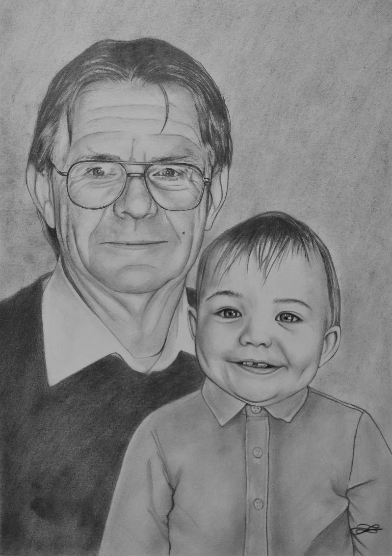Custom charcoal drawing of a grandfather and a granchild