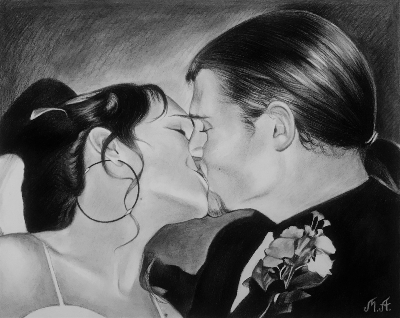 Gorgeous charcoal drawing of a kissing couple