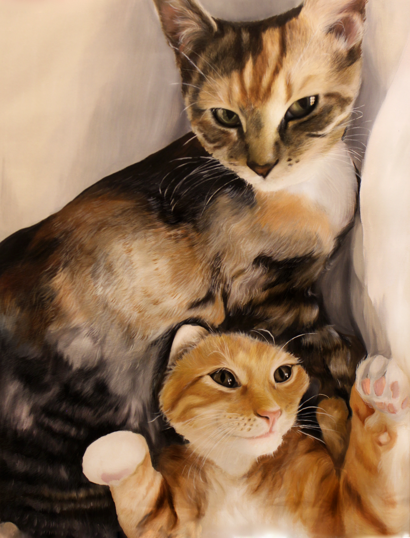 Painting of two cats cuddling, one calico, one ginger.