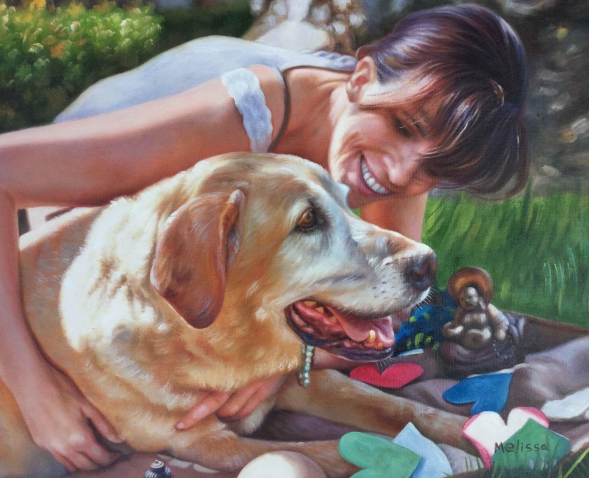 Custom oil painting owner and lab on picnic