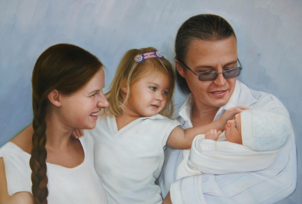 an oil painting of family daughter seeing little baby