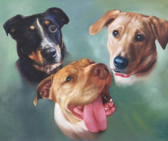 Painted portrait of three dogs.