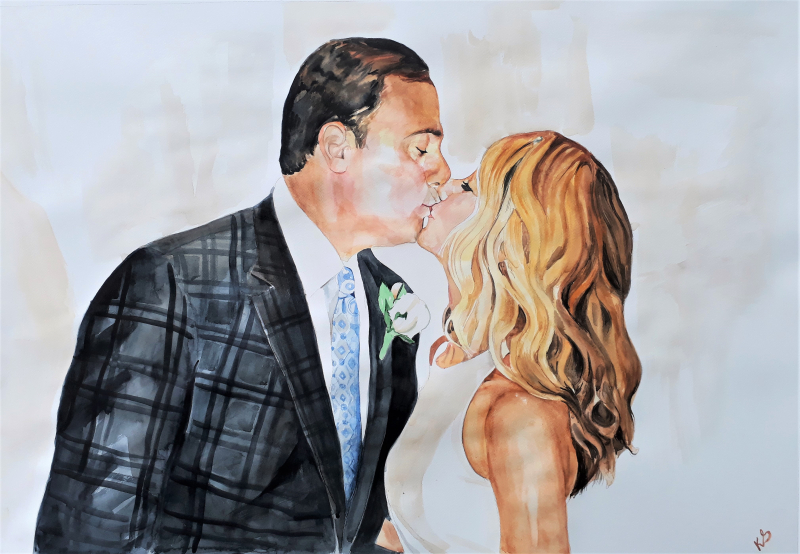 custom watercolor painting of a couple kissing