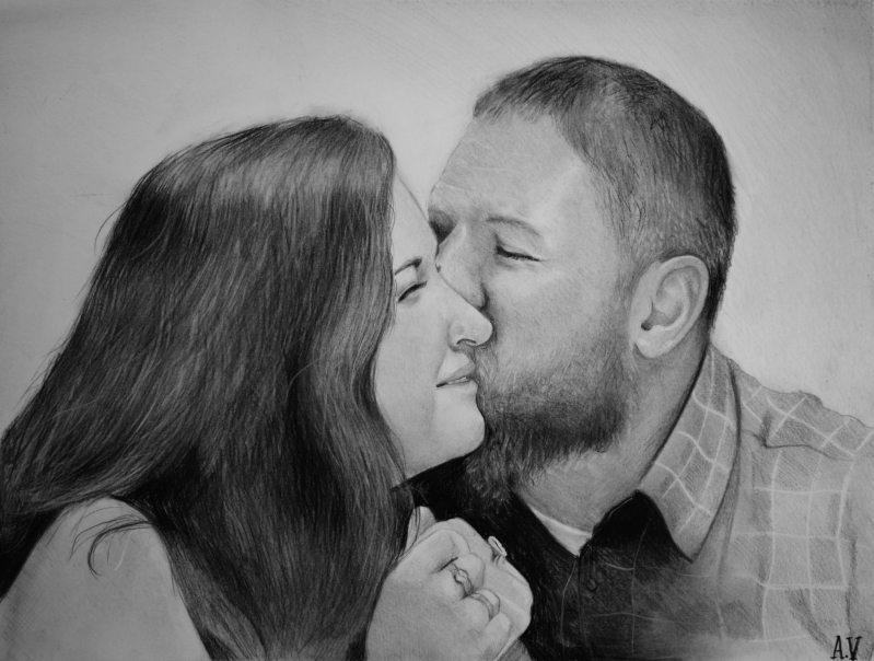 custom charcoal drawing of a couple man kissing girls cheek