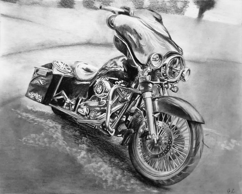 Custom black pencil drawing of motorbike