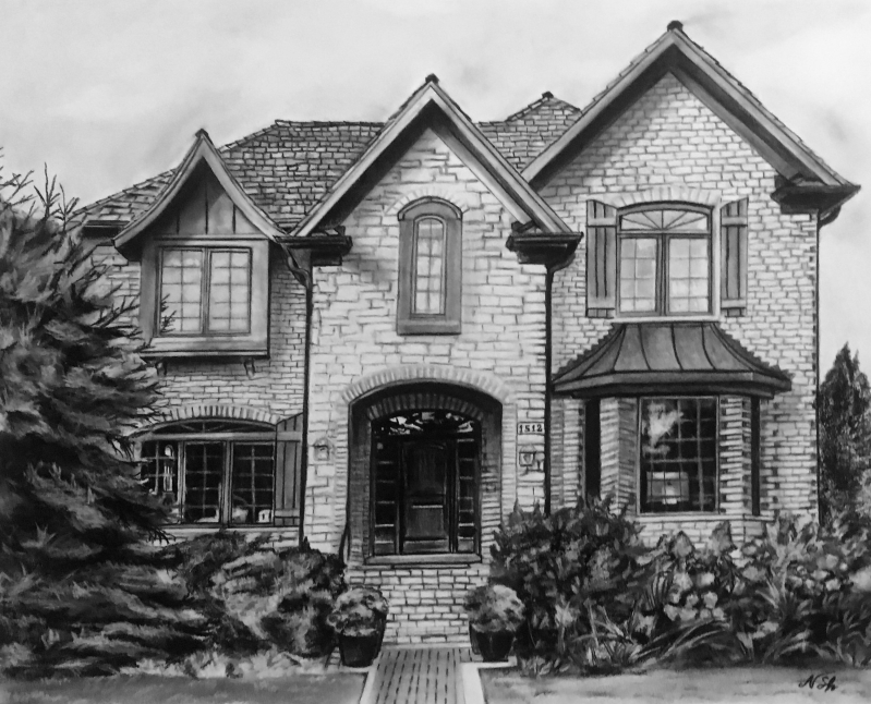 big house portrait in charcoal