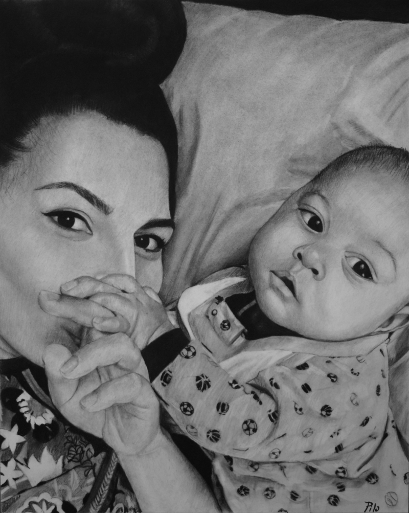 Beautiful charcoal drawing of a mother and child