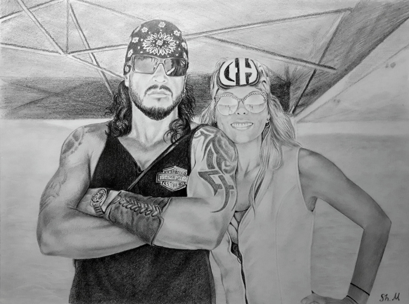 Custom black pencil drawing of a couple