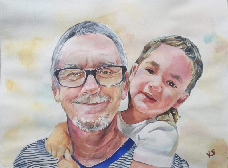 Beautiful watercolor painting of a grandfather and a child