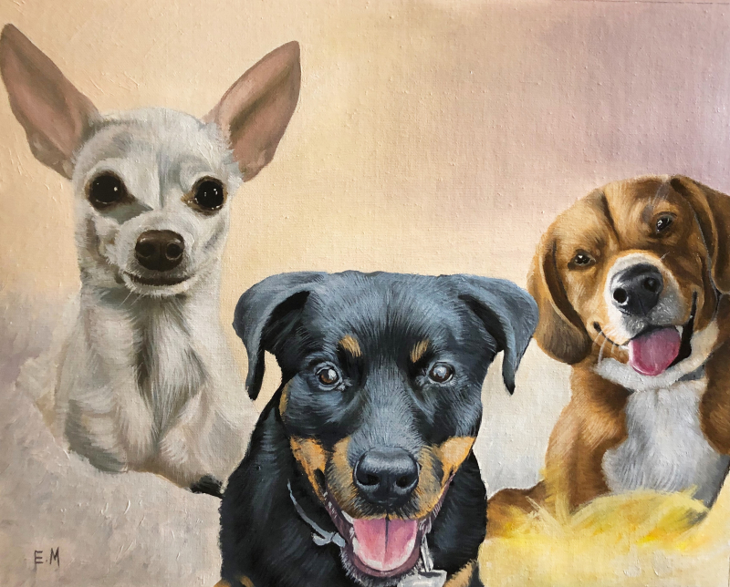 Custom handmade oil painting of three dogs