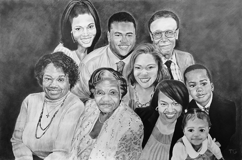 Gorgeous black pencil painting of a family