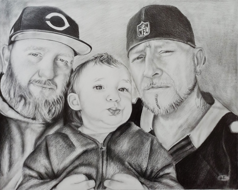 Beautiful handmade black pencil artwork of three people