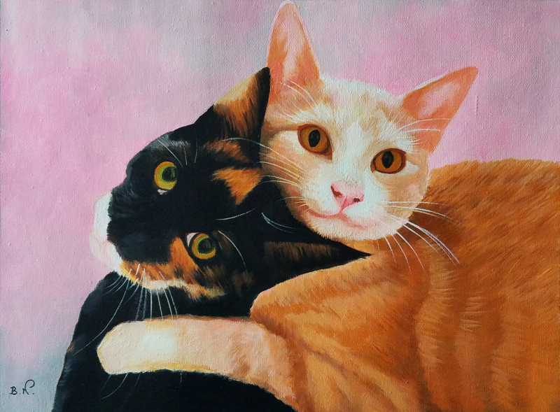 Custom handmade oil artwork of two cats