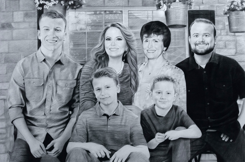 Gorgeous charcoal painting of a happy family