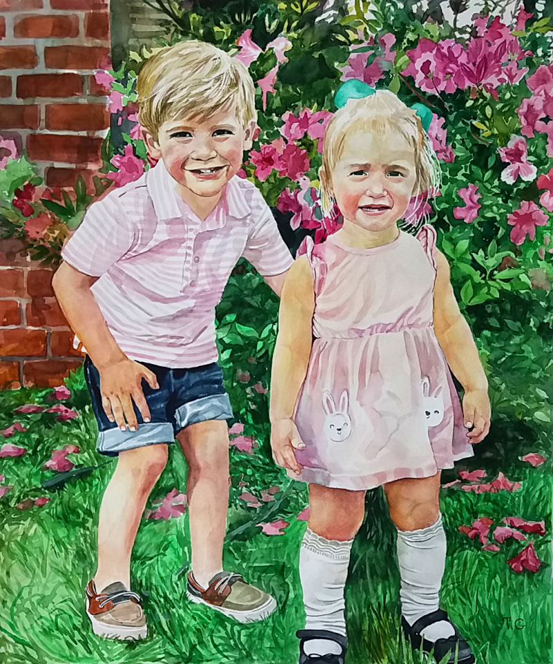 Custom handmade watercolor painting of two children