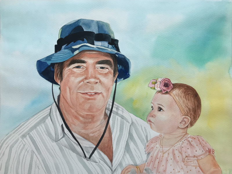 Gorgeous handmade watercolor painting of a man holding baby