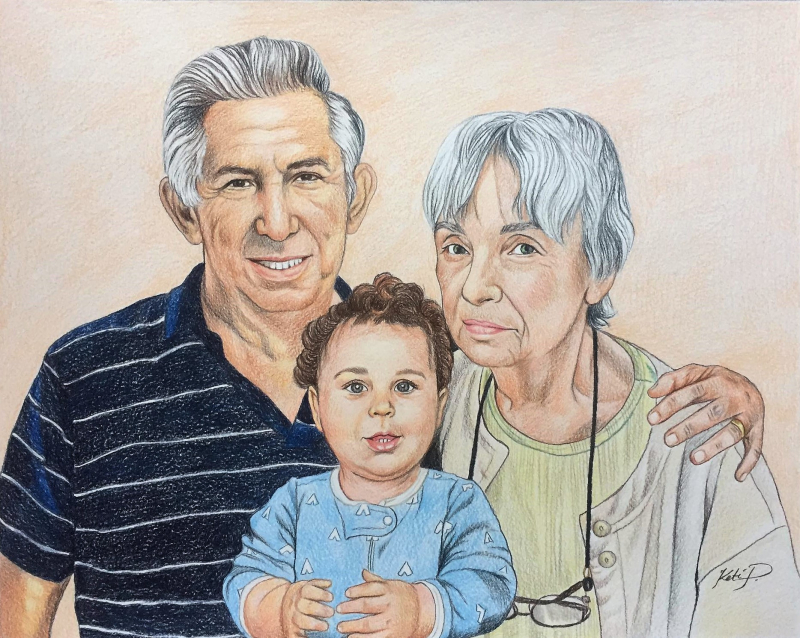 Beautiful color pencil drawing of a happy family