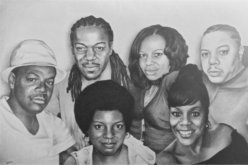 Custom black pencil drawing of a family
