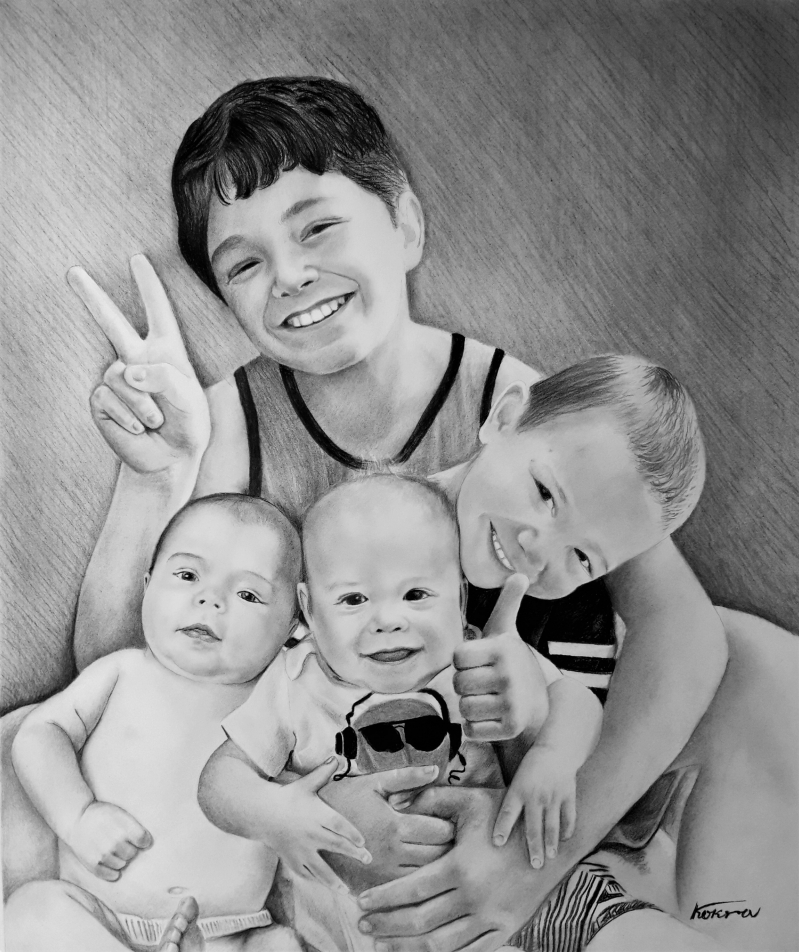 Beautiful charcoal drawing of four siblings