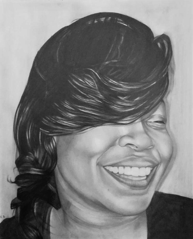Beautiful close up black pencil drawing of a smiling lady