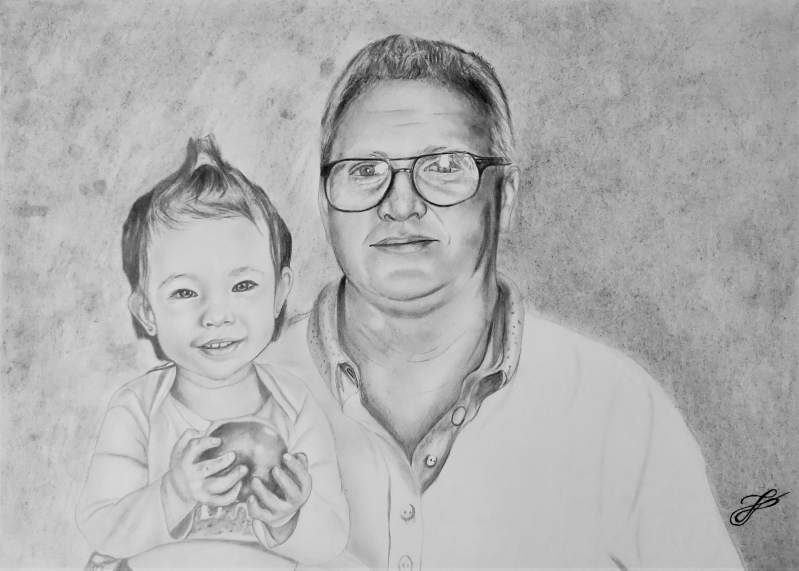 Beautiful charcoal drawing of a father and daughter