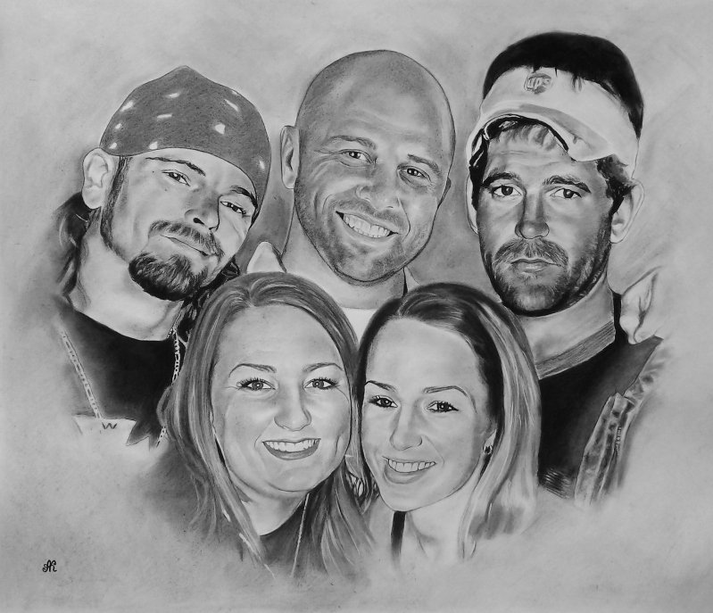 Custom charcoal drawing of a happy family