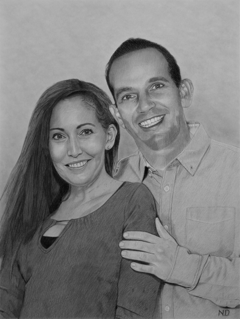 Black and white pencil sketch of a couple.