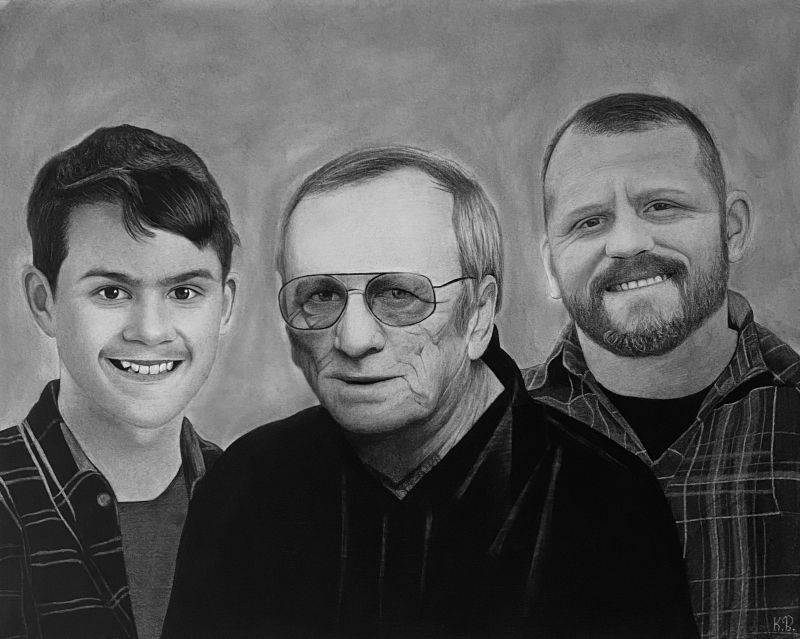 Black and white pencil portrait of three generations of men.
